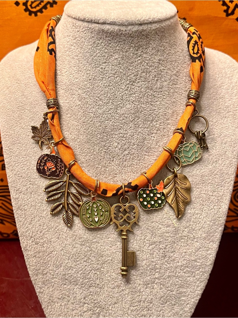 Boho Orange Fabric Charm Necklace with Leaf & Key Pendants